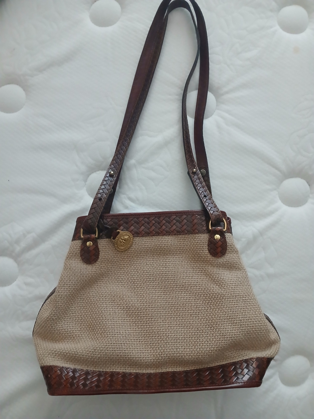 Brahmin Beige Woven Tote with Braided Brown Trim